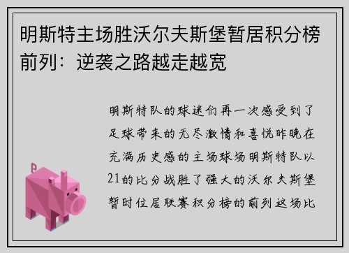 明斯特主场胜沃尔夫斯堡暂居积分榜前列：逆袭之路越走越宽